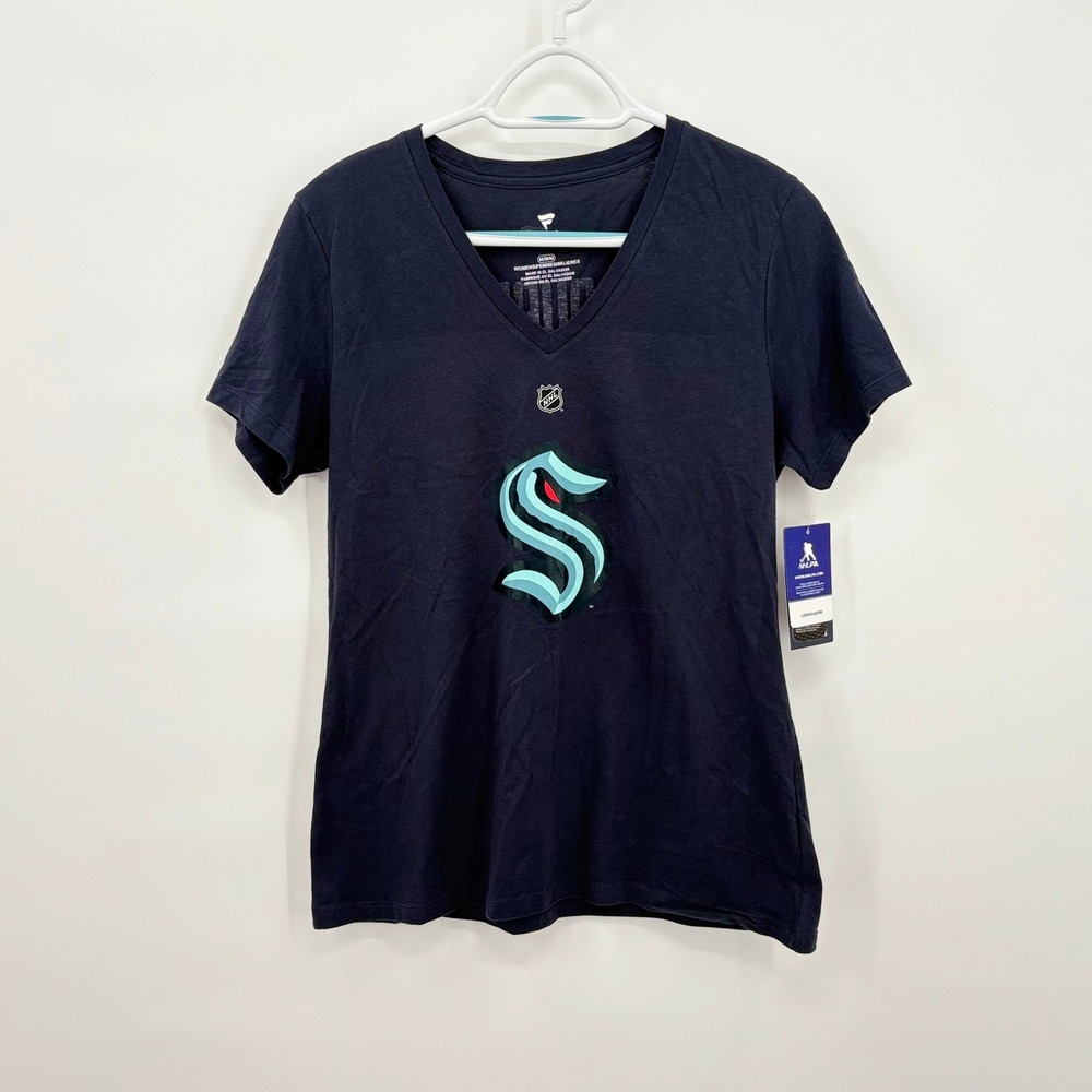 Fanatics Seattle Kraken Yanni Gourde 37 Navy V-Neck T-Shirt Womens Medium NWT